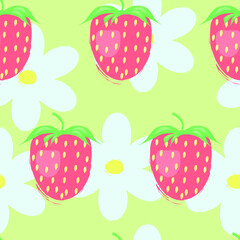 Seamless pattern with hand drawn strawberries, childish motive, trendy background