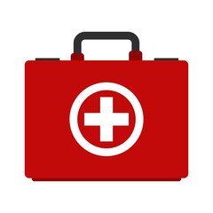 Red first aid kit isolated on white background. Health, help and medical diagnostics concept. Vector illustration