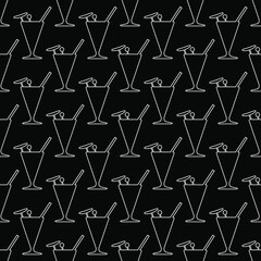 White cocktail on a black background, seamless pattern, vector