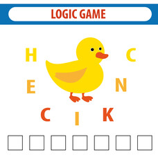 Worksheet for preschool kids.Words puzzle educational game for children. Place the letters in right order. Cute illustration of logic puzzle game for study English. Find the correct places 