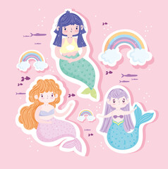 cute little mermaids rainbows clouds fishes decoration cartoon