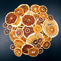 Dried slices of various citrus fruits. vitamin citrus fruits for healthy food