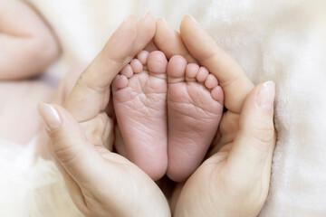 mom holds in her hands the feet of a newborn baby