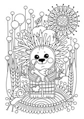 Coloring page for children and adults. A cute hedgehog with a snail in its paws stands in a flower meadow.