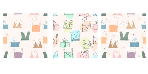 Set seamless patterns with bra in doodle style vector. Summertime underwear . Cute penties for woman, girl, lady. Feminine fashion set of lingerie. Design for gift paper, card or banner.