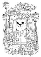 Coloring page for children and adults. A cute cartoon hare stands in a flower meadow next to a pond and holds a balloon in the form of a fish. Two more fish are swimming in the pond. In the background