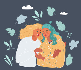 Vector illustration of woman comforting crying friend with warm hug on dark background.