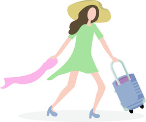 Elegant girl with a suitcase goes on a journey, towards adventure. she runs to the airport or train station, in a hurry.  She wears a beautiful dress, high heels shoes and a big straw hat.  flat style