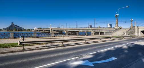 The Stone Bridge (Akmens tilts) and the Railway Bridge (Dxelzcela tilts) across Daugava river,...