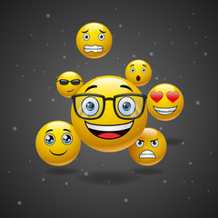 Concept for community people teamwork, black background with group of smiley emoticons, emoji. illustration
