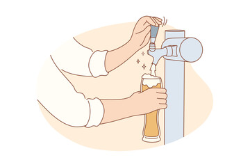 Drink, nightlife, alcohol, work, job concept. Human man bartender character hands holding glass pouring craft beer alcoholic beverage in city pub. Professional occupation and lifestyle illustration.