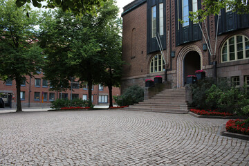 Cobblestone square in front of the town hall of the Finnish city of Lahti. Lahti. Finland.