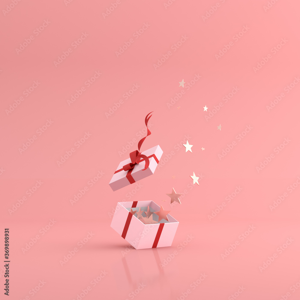 Aufkleber mock up of golden stars floating out from gift box. 3d rendering.