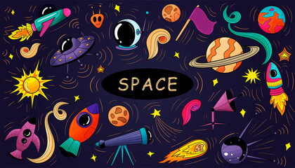 Cartoon hand-drawn doodles on the subject of space style theme pattern. Vector background