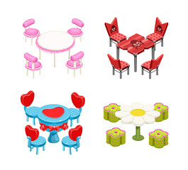 Set tables and chairs isolated. Romantic, furry, camomile, with a skull. Isometry. Vector illustration.