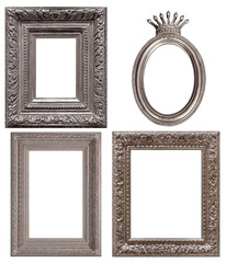 Set of silver frames for paintings, mirrors or photo isolated on white background
