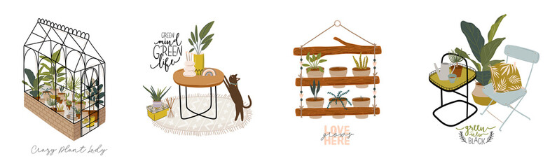 Trendy Scandinavian Urban Greenery at Home Jungle Interior with home decorations. Cozy Home Garden furnished in Hygge style. Crazy Plant Lady illustration. Isolated Vector