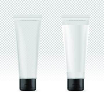 Realistic white transparent cosmetic tubes with label. Cosmetic containers and tubes for cream, shampoo, gel, balsam, conditioner, soap, ointment, toothpaste, lotion etc. Vector Illustration