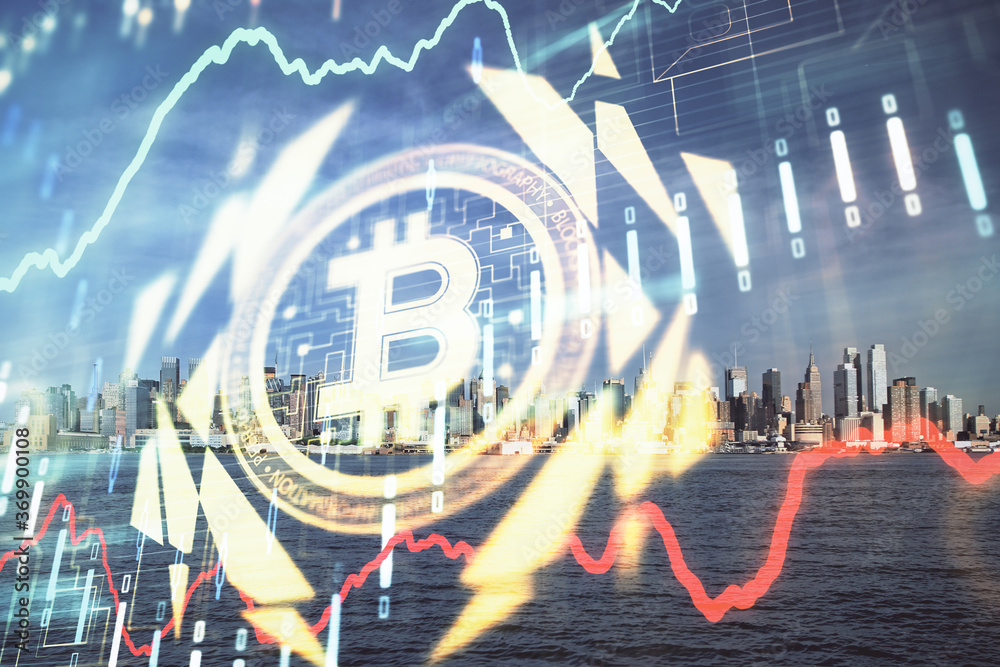 Poster double exposure of crypto currency theme hologram drawing and city veiw background. concept of block