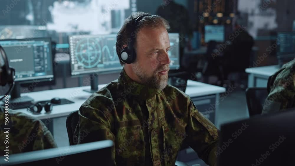 Poster Military Surveillance Team of Officers in Headsets Working in a Central Office Hub for Cyber Operations, Control and Monitoring for Managing National Security, Technology and Army Communications.