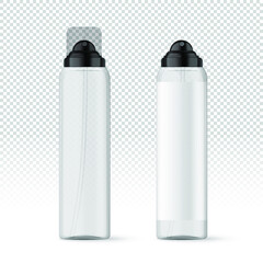 Realistic white transparent cosmetic spray bottles with label. Cosmetic containers and tubes for cream, shampoo, gel, balsam, conditioner, soap, ointment, toothpaste, lotion etc. Vector Illustration