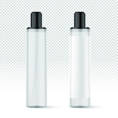 Realistic white transparent cosmetic bottles with label. Cosmetic containers and tubes for cream, shampoo, gel, balsam, conditioner, soap, ointment, toothpaste, lotion etc. Vector Illustration