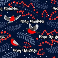 Christmas seamless pattern with bullfinch, rowan berry and green branches on dark background. Vector background for fabric, wrapping paper and phone case..
