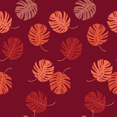Seamless pattern with exotic leaves. Monstera leaf. Warm colors. Vector illustration.