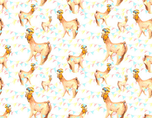 Obraz premium Seamless pattern with a cute Alpaca pilot in a helmet with glasses and holiday flags. Watercolor fun background for textiles, packaging, Wallpaper, children's illustrations, holiday banners.