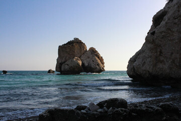 The legendary Aphrodite Stone in the sea against a blue cloudless sky. Cyprus.