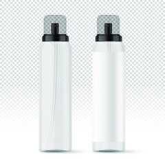 Realistic white transparent cosmetic spray bottles with label. Cosmetic containers and tubes for cream, shampoo, gel, balsam, conditioner, soap, ointment, toothpaste, lotion etc. Vector Illustration