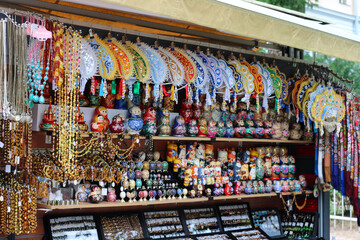 Souvenir shop with kokoshniks, caskets, matryoshkas, amber ornaments, shawls, costume jewelry and...