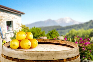 Freh juicy yellow fruit of lemons on wooden wine barrel with countryside house and mountains...