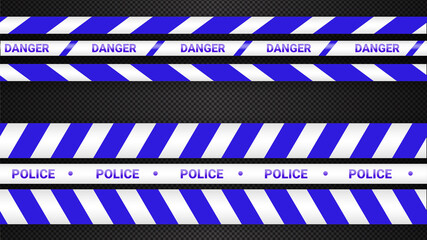 Police tape, crime danger line. Caution police lines isolated. Warning tapes. Set of blue warning ribbons. Vector illustration on dark transparent background.