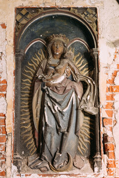 Riga, Latvia. The Castle Of Riga Relief With The Image Of Virgin Mary In Museum Of Dome Cathedral