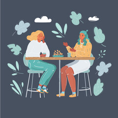 Vector illustration of Cheerful bestfriends in cafee. Two woman talk on dark background.