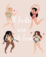 All bodies are beach body. Beautiful women in swimsuits. Trendy pastel colors. Vector summer illustration. Body positive.