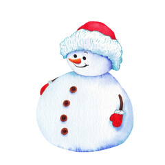 Little cute snowman wearing red fluffy hat.