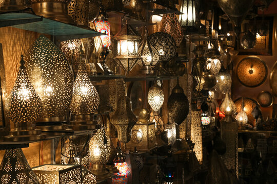 Light shop with lamps in traditional Moroccan style