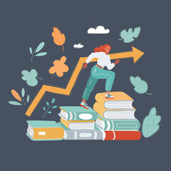 Vector illustration of Young woman student with books on dark background.