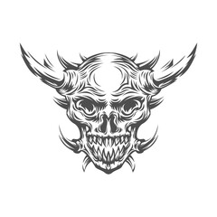 Grunge style art of human skull with many horns. Print design. Demon Head. A demon, supernatural, malevolent. Witchcraft, black magic, occultism, Vector illustration.