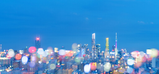 Guangzhou urban cityscape skyline night scene. blurred defocused light