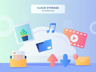Cloud storage illustration set Cloud background of picture music video email file folder download upload with flat style