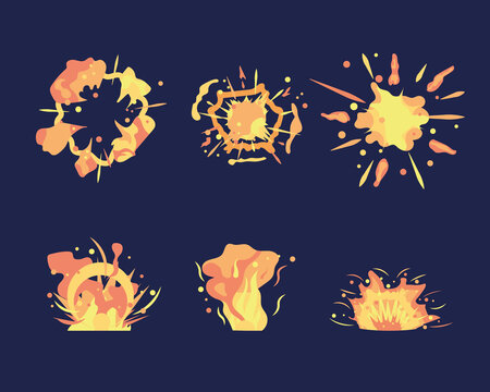 Animation for game of the explosion effect, broken into separate frames. Bomb explosion and fire bang cartoon set. Red dynamite cloud and boom. 