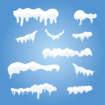 Set of ice caps. Snowdrifts, icicles. Snow cap vector collection. Winter decoration element. Snowy elements on winter background.