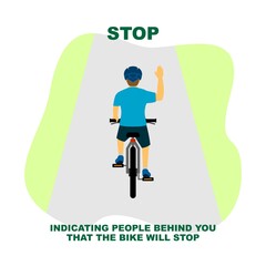 Cycling rules for traffic safety, stop bicycle hand signals.