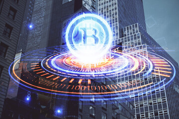 Double exposure of crypto currency theme hologram drawing and city veiw background. Concept of...