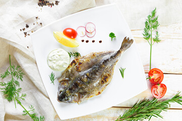 Fried fish with vegetables on wooden table