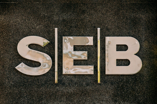 Vilnius, Lithuania. Close Title Name Logo Of SEB Bank Is Commercial Bank Of Lithuania, Subsidiary Of Swedish SEB Group.