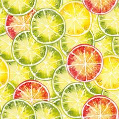 Watercolor pattern of lime, orange, grapefruit and lemon slices.